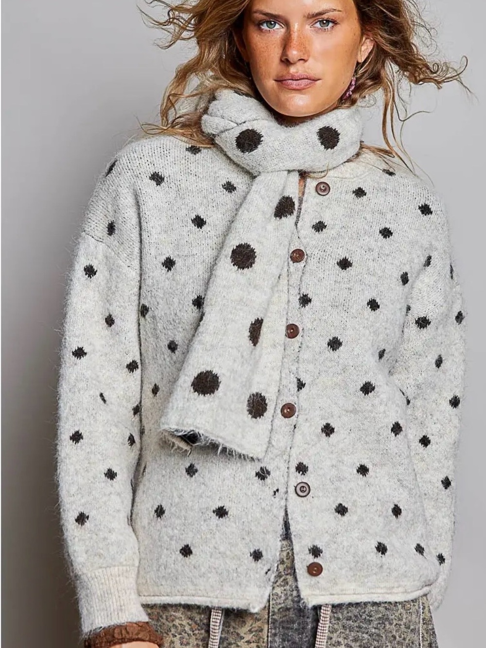 POL Cozy Polka Dot Knit Cardigan with Matching Scarf